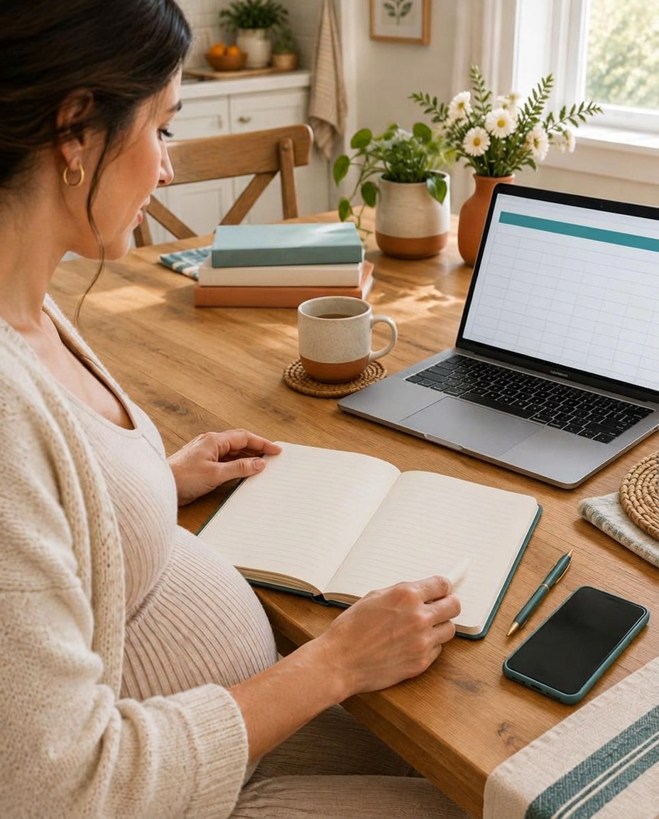Gestante organizando seus registros em uma mesa com caderno, celular e planilha