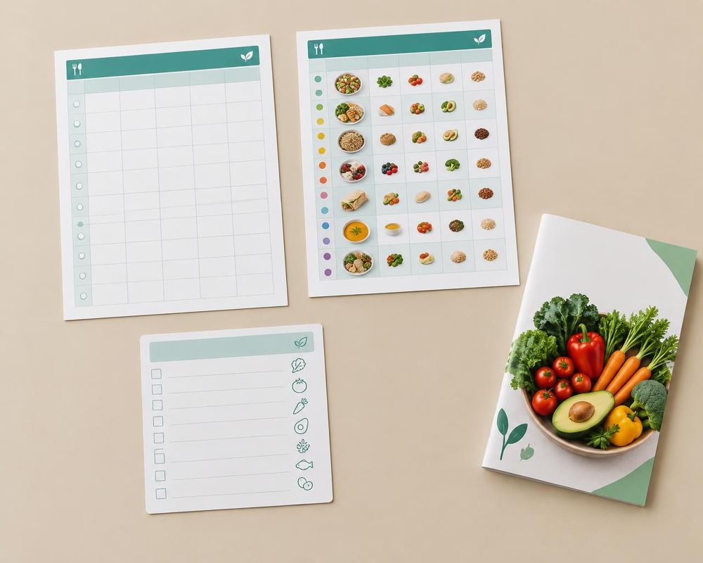 Planilha, modelo preenchido, lista de perguntas e livro de receitas